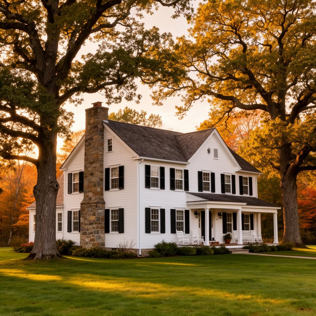 A classic New England colonial home exterior with white clapboard siding and black shutters